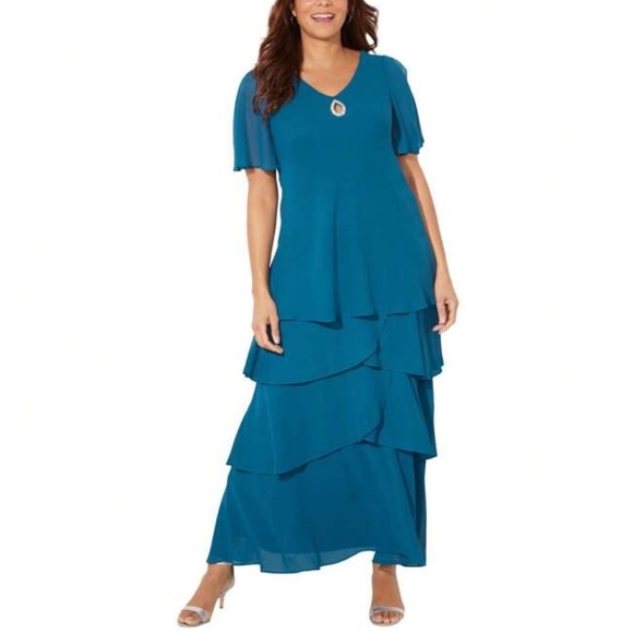 NEW Catherines Tiered Chiffon Maxi Dress 1X Rhinestone Keyhole Formal Party - Picture 1 of 13